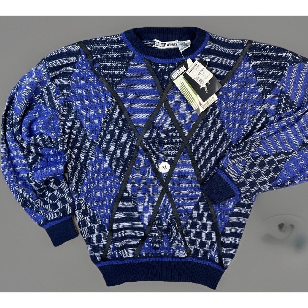 Vintage Urban Works Sweater 90s Grandpa‎ Leather Trim Patch Geometric Knit Sz M